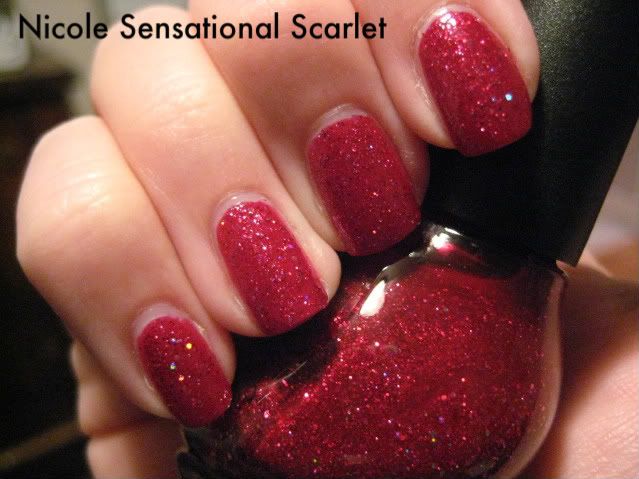 Nicole,Sensational Scarlet,glitter,holiday,holiday 2010,red,swatch,labeled swatch