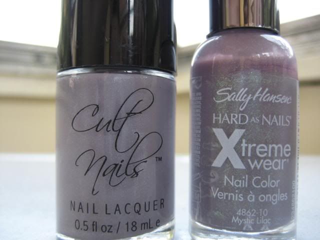 Cult Nails,bottle pic,My Kind of Cool Aid,shimmer,lavender,taupe,Sally Hansen,Mystic Lilac,comparison