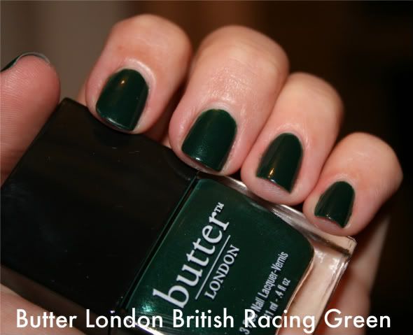 Butter London,British Racing Green,shimmer,green,hand,labeled swatch