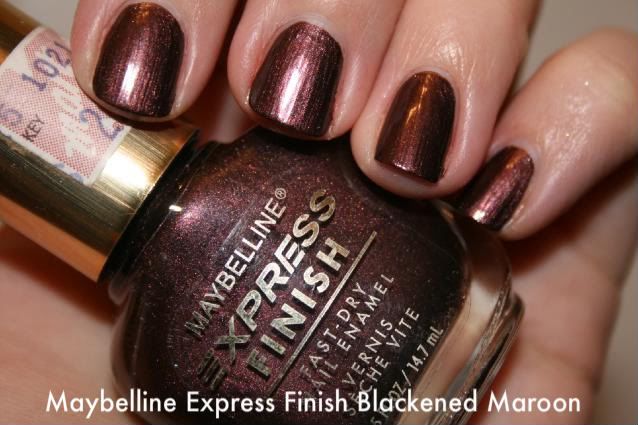 Maybelline Express Finish,Maybelline,burgundy,shimmer,labeled swatch,hand