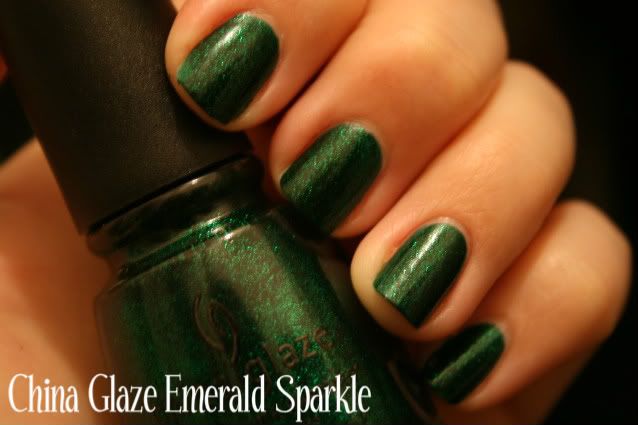 China Glaze,Emerald Sparkle,glitter,green,jelly,vampy,hand,labeled swatch