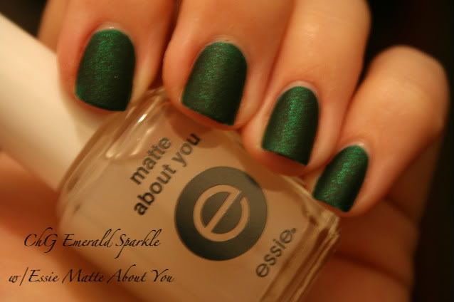 Emerald Sparkle,China Glaze,green,glitter,Matte About You,Essie,hand,labeled swatch